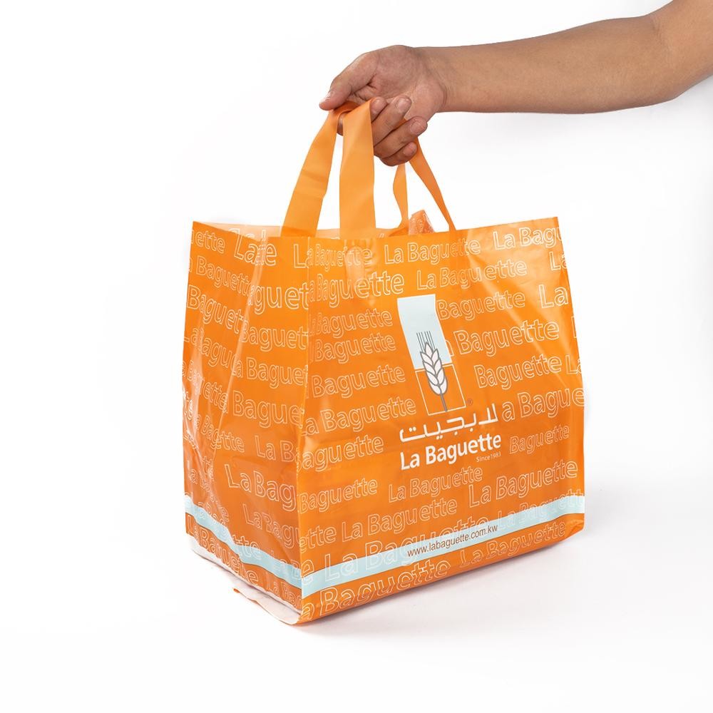 Kundenspezifische Druck-Logo Poly-PET Plastikeinkaufstasche mit quadratischer Unterseite